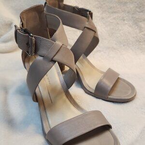 Ecco Leather Cross Strap Stacked Block Heel Sandals - Taupe - Sz 37 (6 - 6.5)